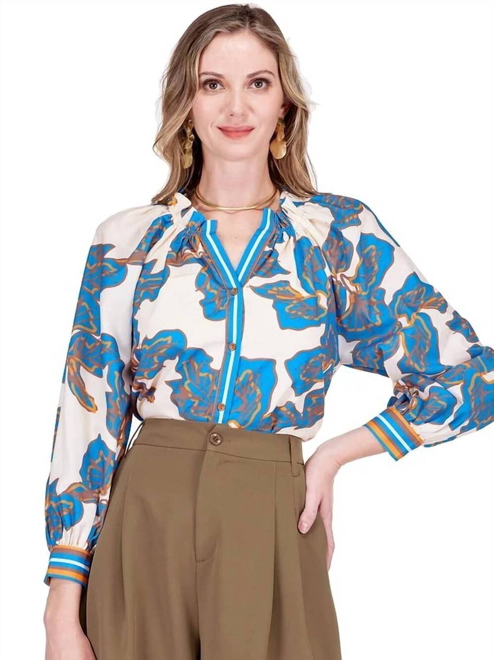 NEW JADE split neck placket top in bold rivera